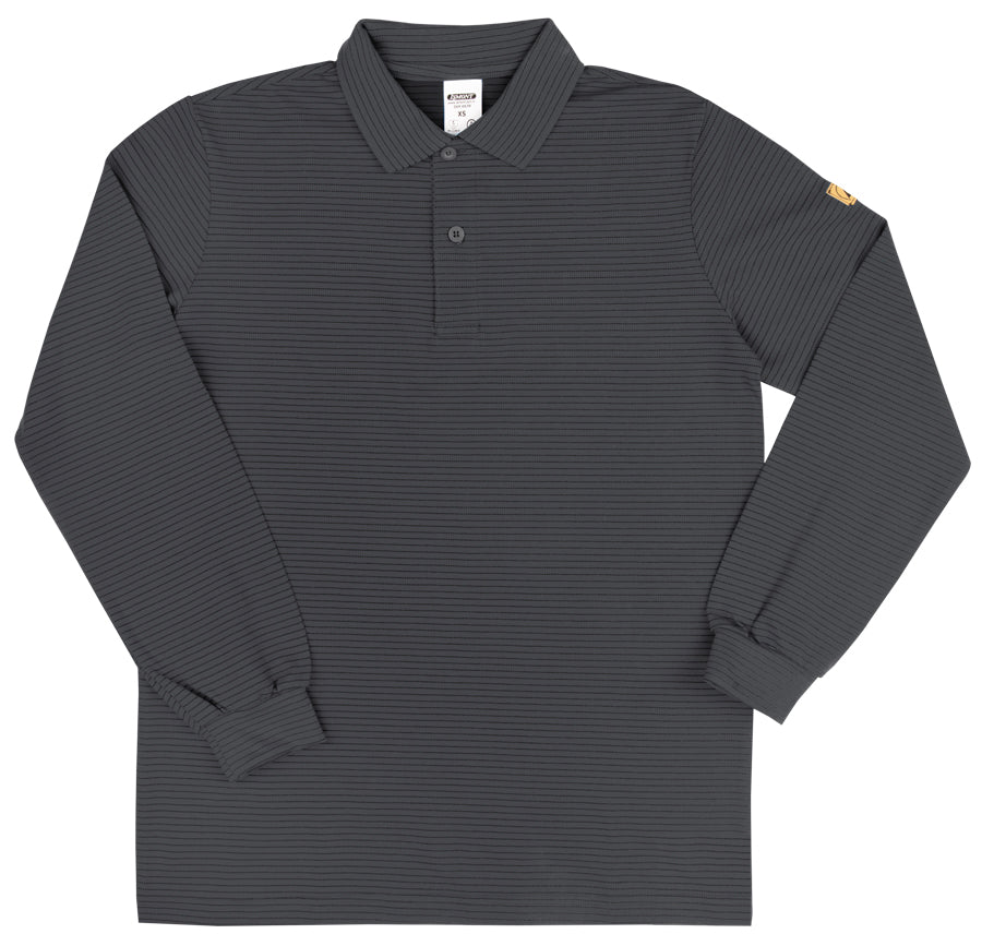 Langarm-Poloshirt aus dunkelgrauem Stoff, gerippter Kragen, Knopfleiste, Logo am Ärmel