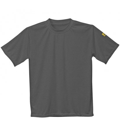 ESD-T-Shirt ISM 6641, graues Kurzarmshirt mit Rundhalsausschnitt und gelbem Aufnäher