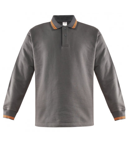 Kontrast-Polokragen-Sweatshirt antrazitgrau mit orangefarbenem Besatz an Kragen und Bündchen