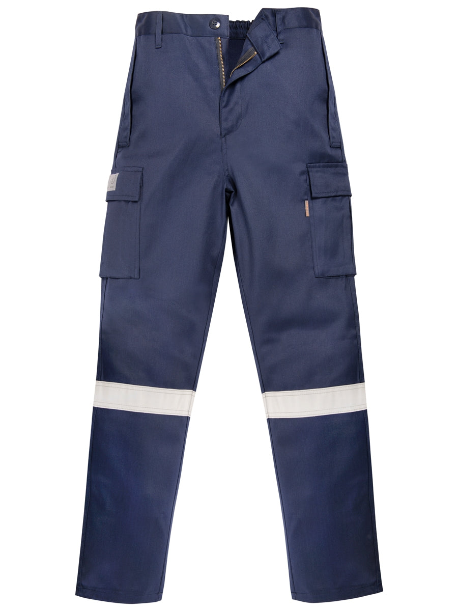 Flammhemmende Bundhose dunkelblau mit Knopf, Cargotaschen und Reflexstreifen