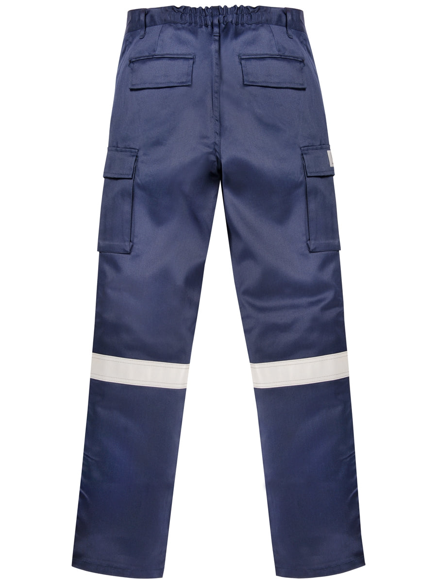 Flammhemmende Bundhose dunkelblau mit elastischem Bund, Cargotaschen und Reflexstreifen