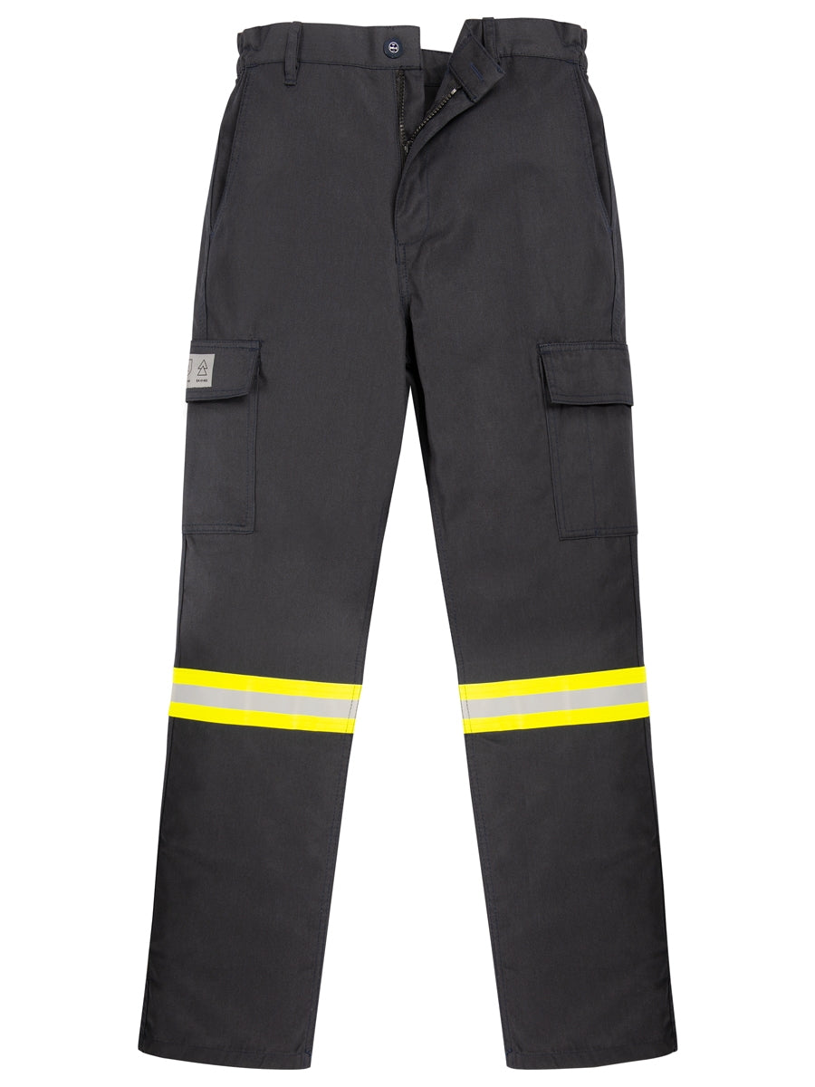 Flammhemmende Bundhose in dunkler Farbe mit reflektierenden Gelb-Streifen und Cargotaschen