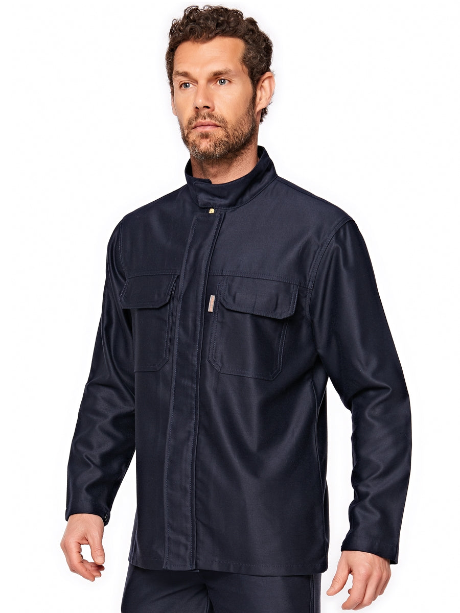Flammhemmende Schweißerjacke in Marineblau mit Stehkragen, durchgehendem Reißverschluss & Brusttaschen
