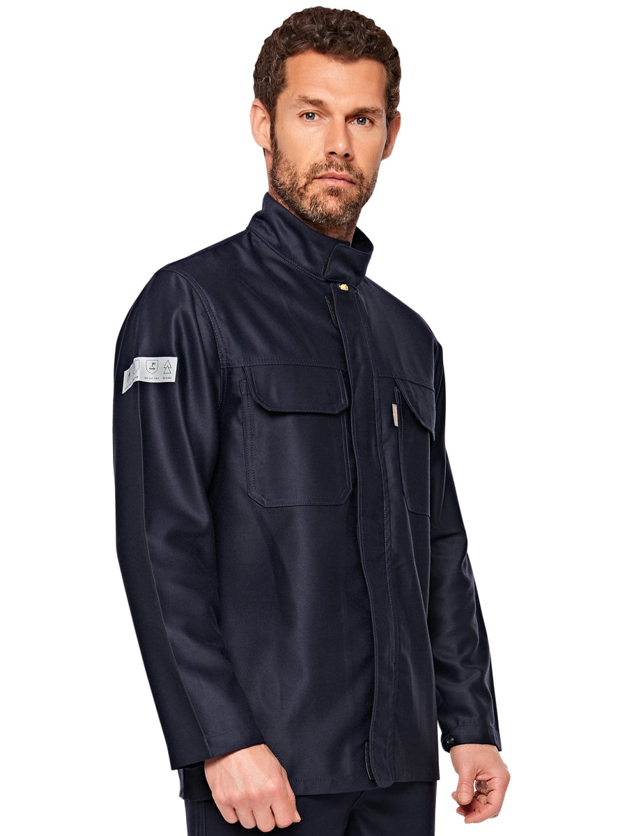 Schweißerjacke Marineblau mit Stehkragen, Reißverschluss und Schulter-/Brusttaschen