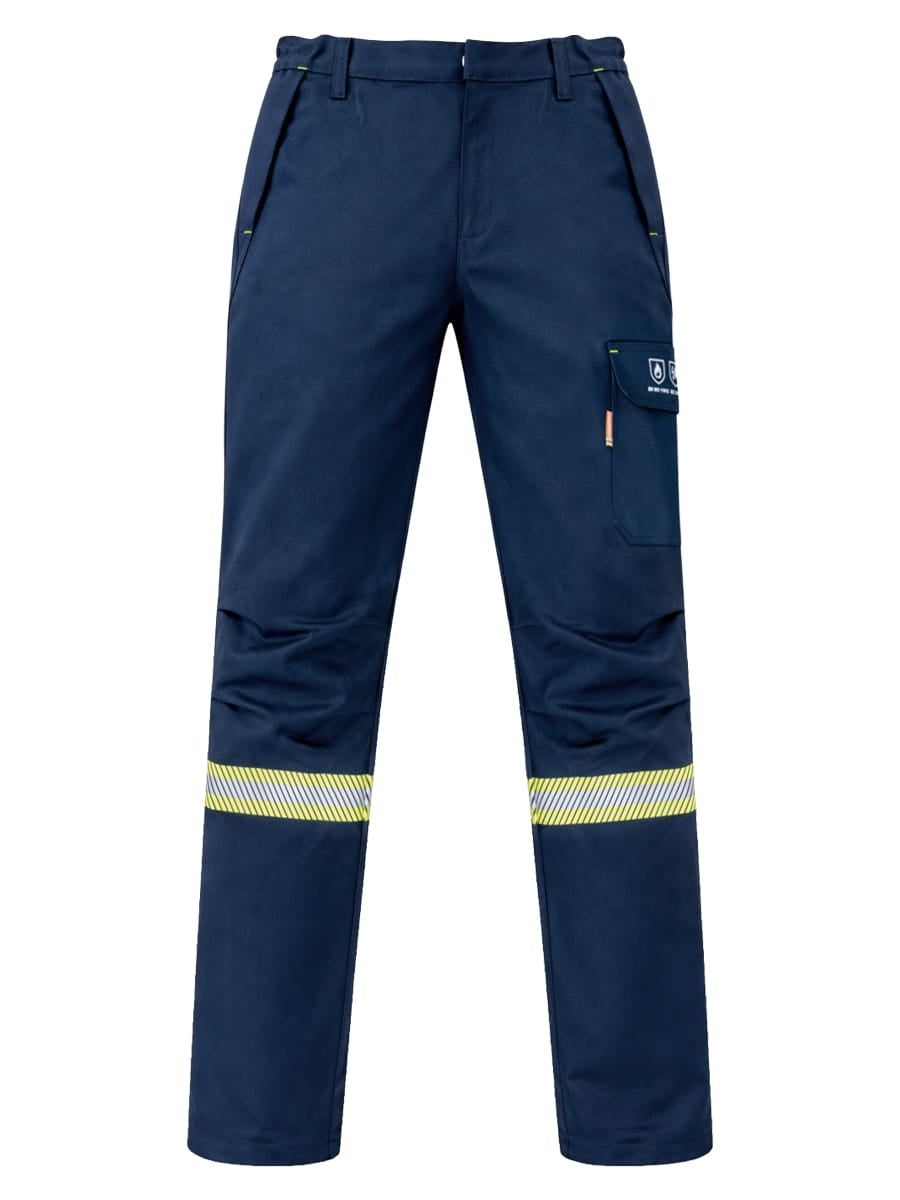 Schweißerhose dunkelblau mit Bundfalten, rechter Cargo-Tasche und gelbem Reflektorband