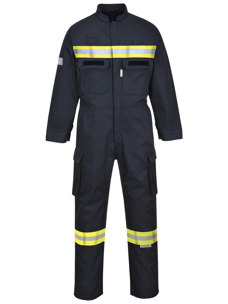 Flammhemmender Overall mit hohem Kragen, gelb-silbernen Reflexstreifen und Brusttaschen