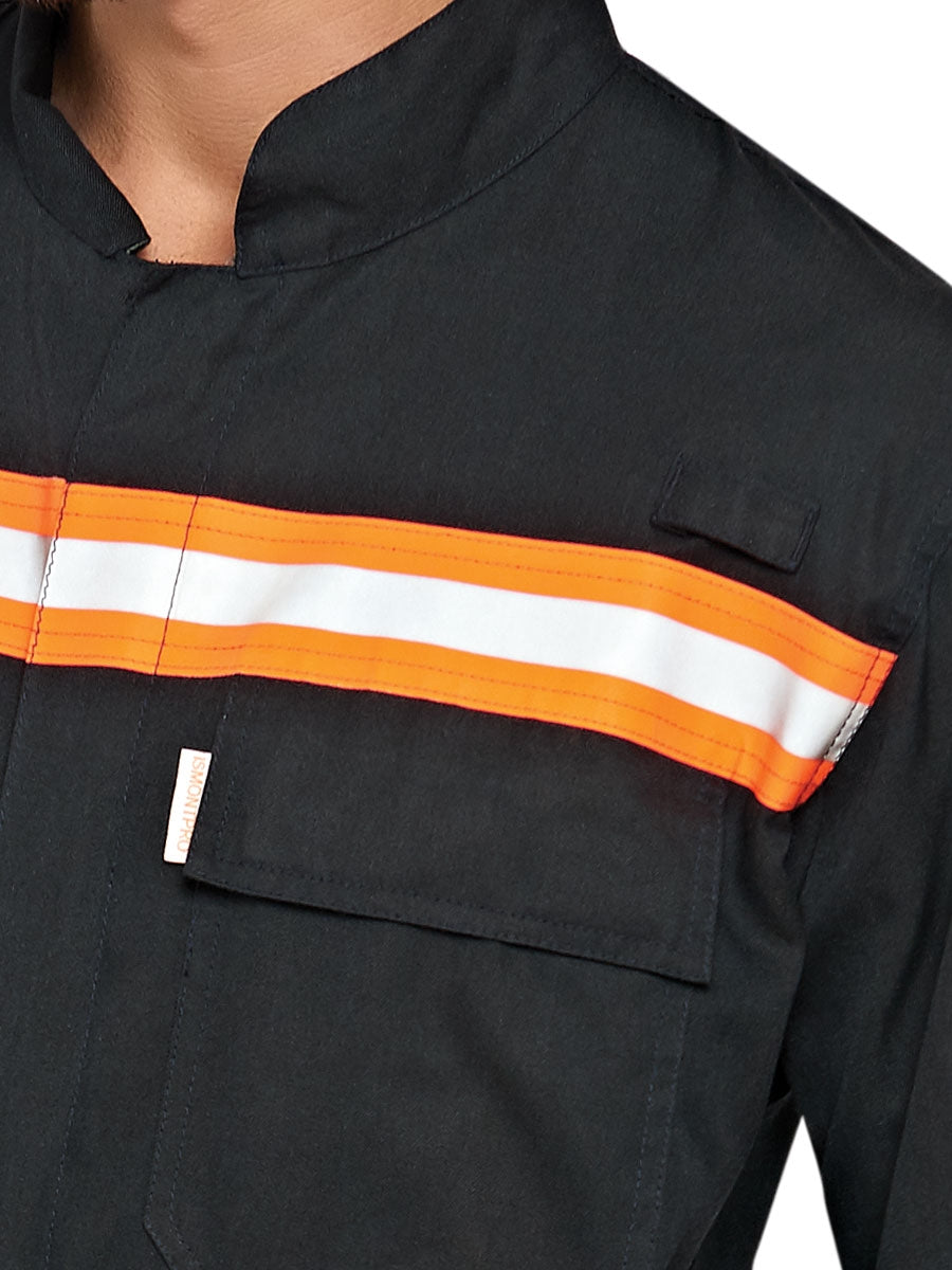 Flammhemmender Overall: orange Reflexstreifen und Brusttasche mit Label.