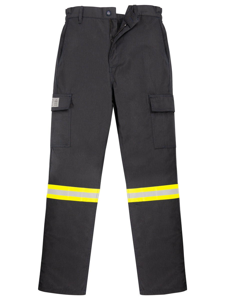 Bundhose in dunklem Farbton mit gelben Reflexstreifen, Taschen und Knieverstärkung