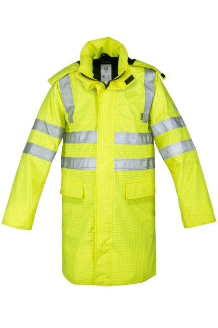 Antistatische flammhemmende Regenjacke, neon-gelb mit Kapuze und breiten Reflexstreifen