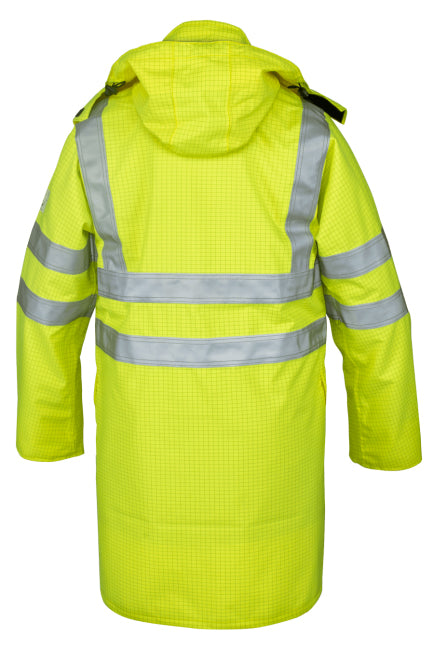 Antistatische flammhemmende Regenjacke, neon-gelb mit Kapuze und umlaufenden Reflexstreifen