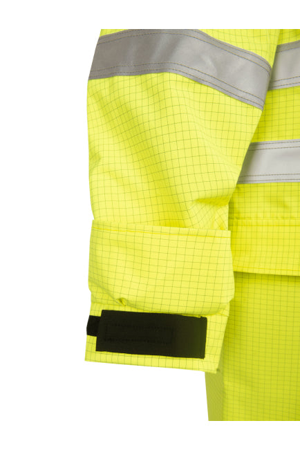 Regenjacke neon-gelb, Ärmel mit Reflexstreifen und schwarzem Taschenverschluss