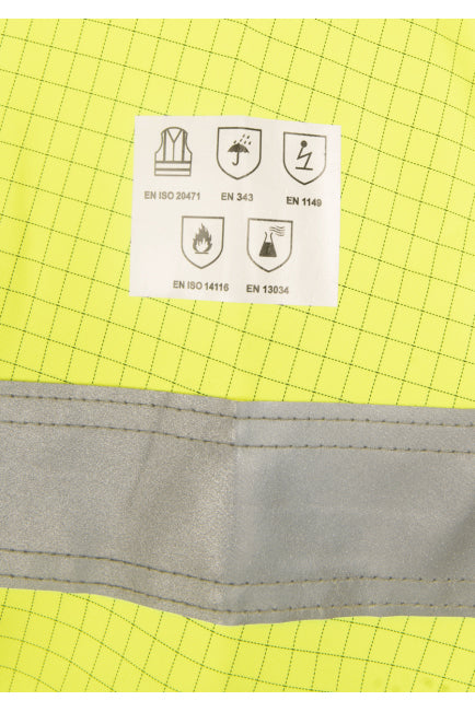 Regenjacke neon-gelb: Innenetikett mit EN-Symbolen und reflektierender Naht