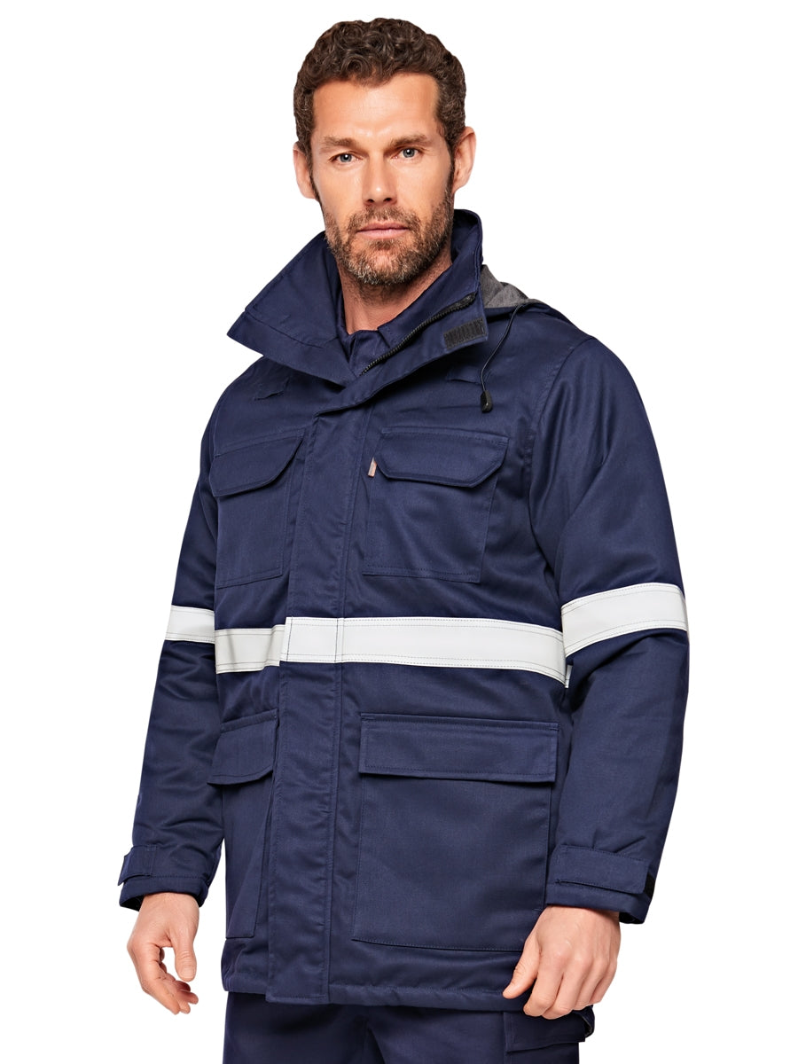 Flammhemmender Parka in Marineblau mit Kapuze, Frontreißverschluss und Reflexstreifen.