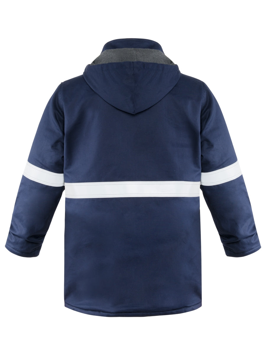 Flammhemmender Parka mit Kapuze und Reflexstreifen am Rücken, marineblau.