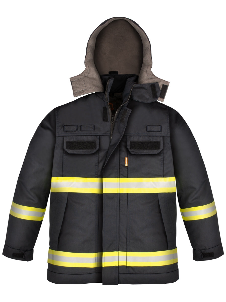 Warnschutz-Parka mit Kapuze, gelb-weißen Reflexstreifen und Frontreißverschluss, dunkelblau
