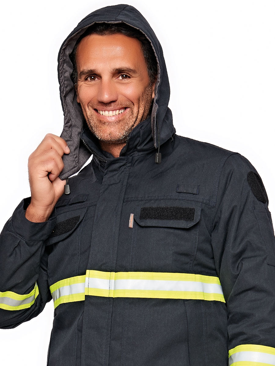 Warnschutz-Parka mit Kapuze und Fronttaschen, gelb-weiße Reflexbänder, dunkelblau