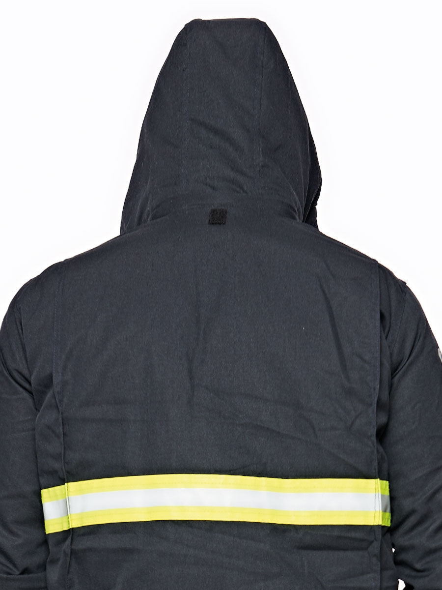 Warnschutz-Parka mit Kapuze, gelb-weißer Reflexstreifen am Rücken, dunkelblau