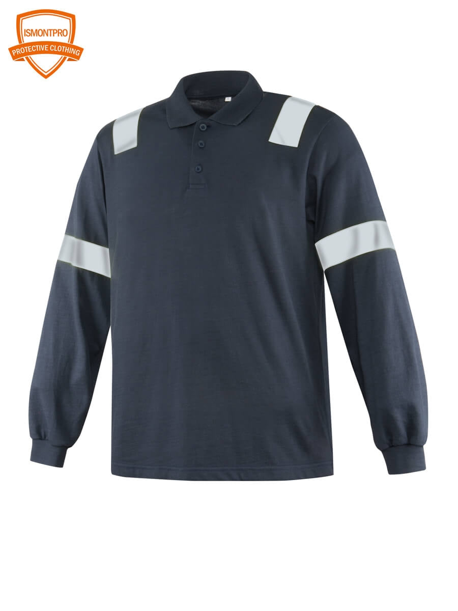Flammhemmendes Langarm-Poloshirt in Marineblau mit reflektierenden Schulter- und Ärmelstreifen