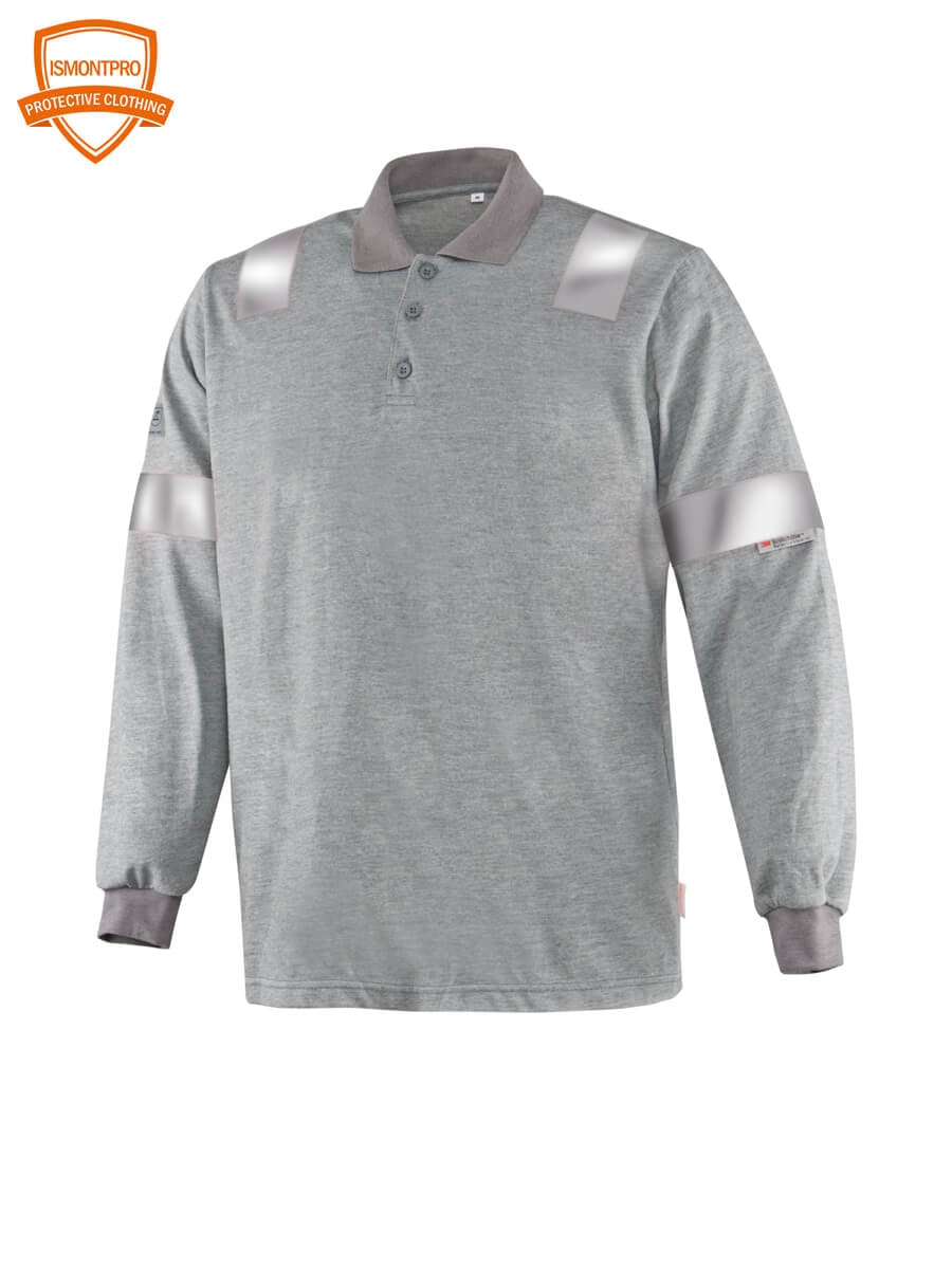 Flammhemmendes Langarm-Poloshirt in Grau mit Knopfleiste und Polokragen