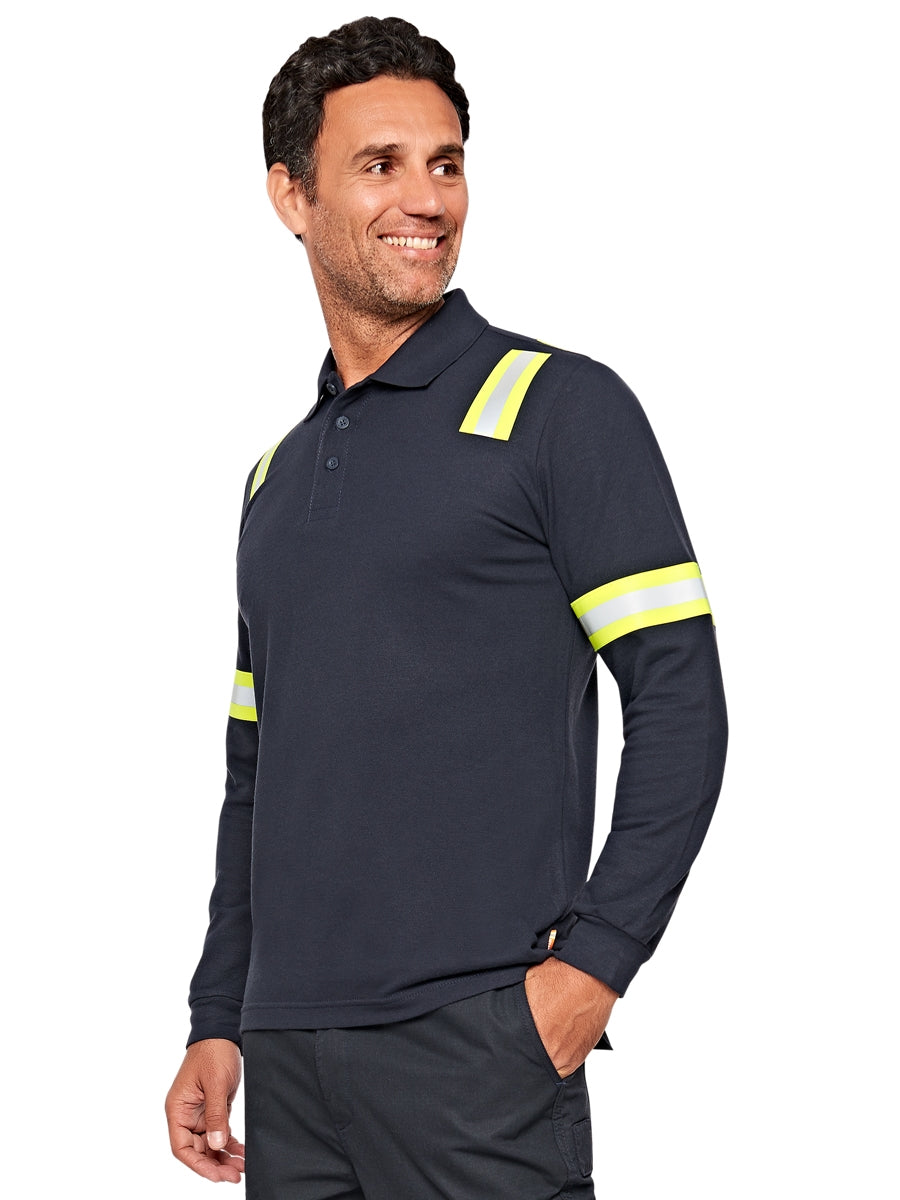 Langarm-Poloshirt dunkelblau, Kragen mit Knöpfen, gelbe Reflexstreifen an Ärmeln