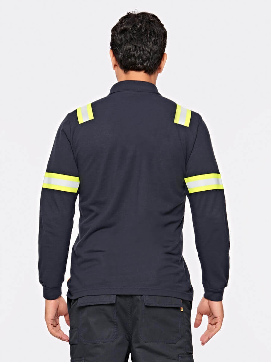Langarm-Poloshirt dunkelblau, Rückenansicht, gelbe Reflexstreifen an Schultern und Ärmeln