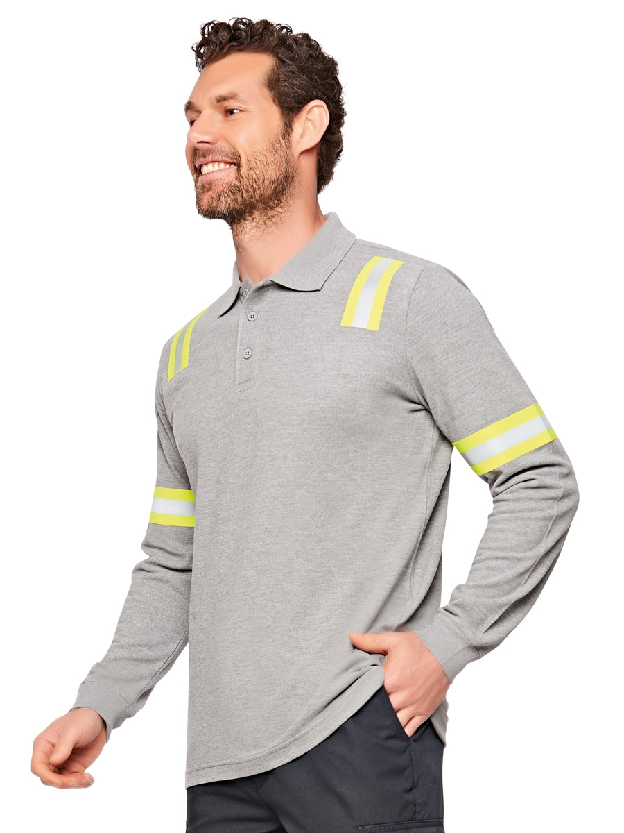 Flammhemmendes Langarm-Poloshirt grau mit Polokragen, Knopfleiste und Reflektorstreifen am Ärmel