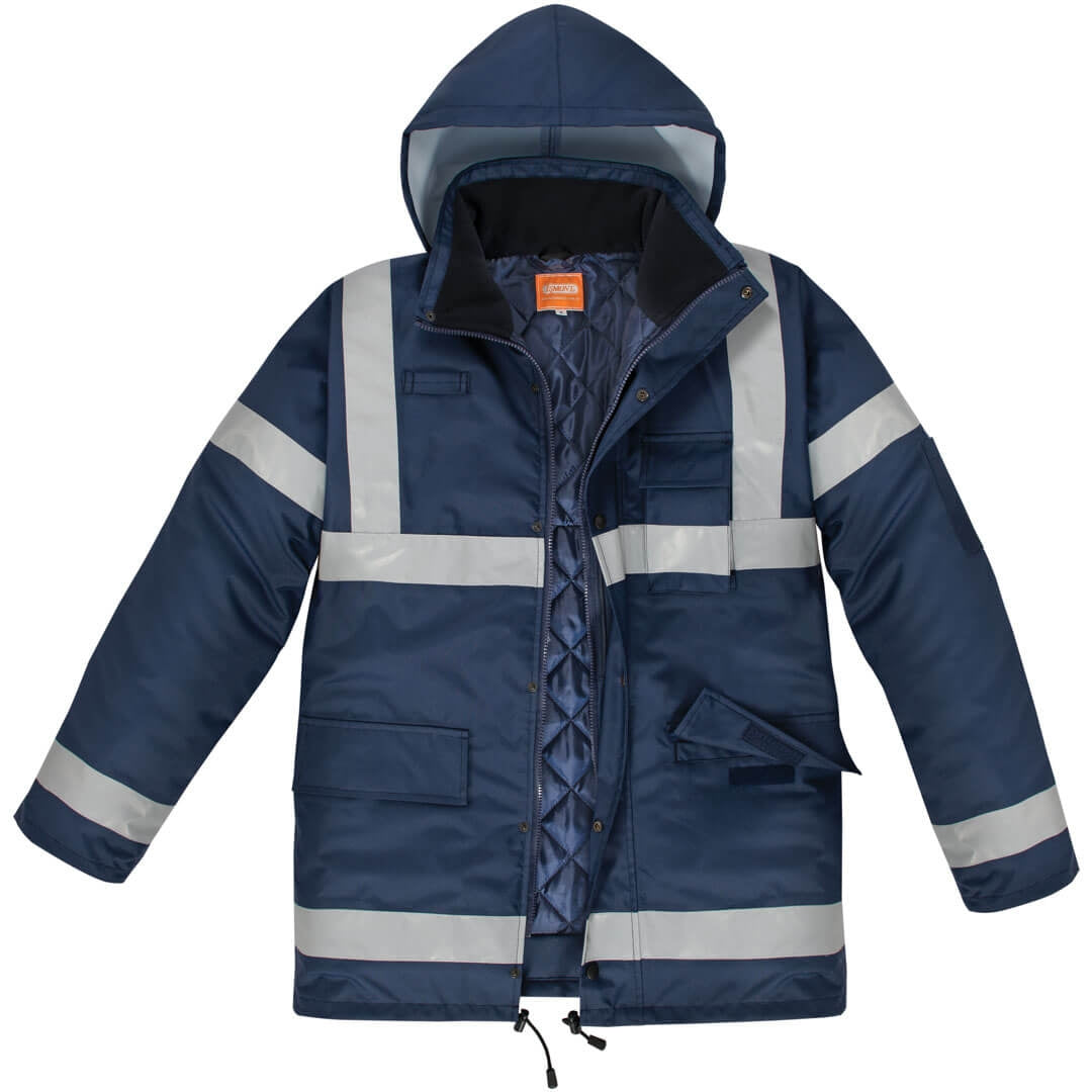 Warnschutz-Parka NORTHER / KB101-01, marineblau, Kapuze, reflektierende Streifen, Reißverschluss
