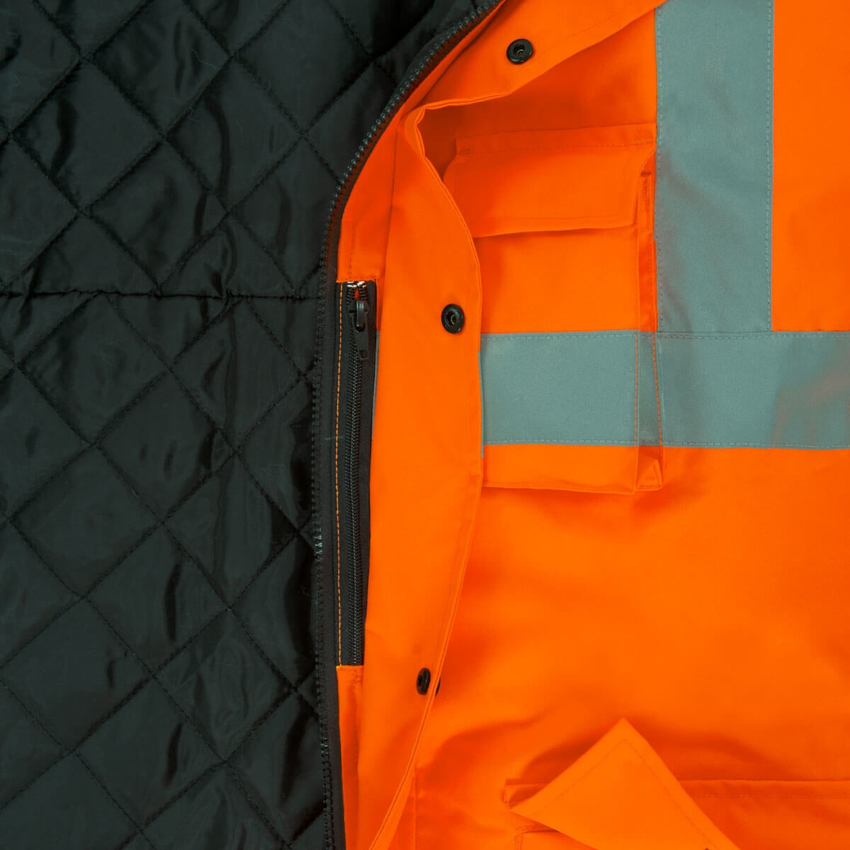 Warnschutz-Parka NORTHER mit schwarzem Steppfutter innen, orange Außenteil und Reflexstreifen