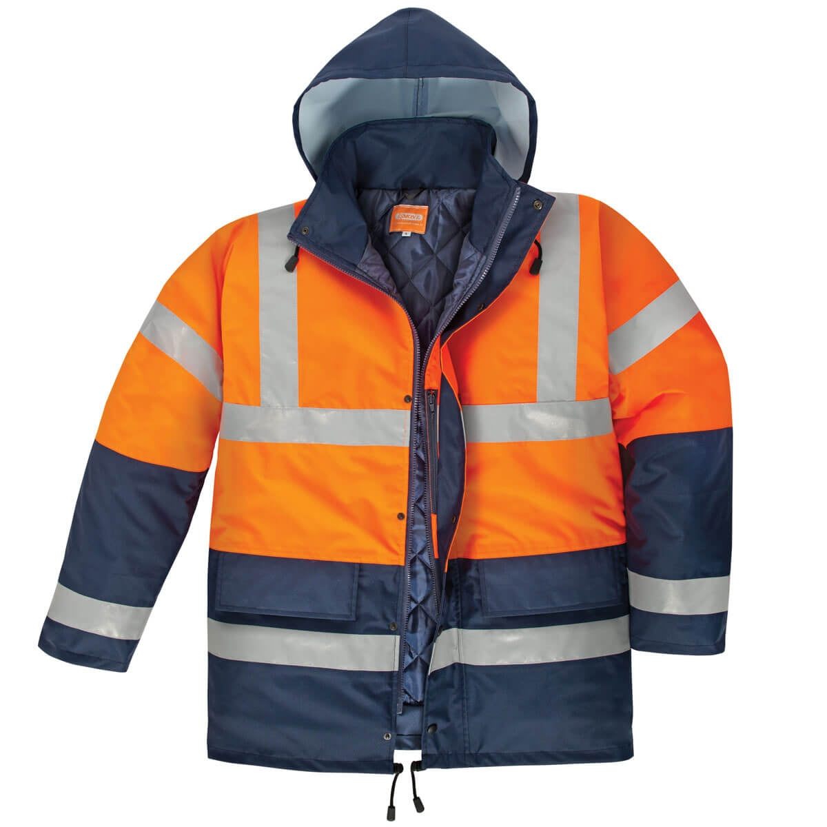 Warnschutz-Parka NORTHER mit Kapuze, orange-dunkelblau, breite Reflektorstreifen