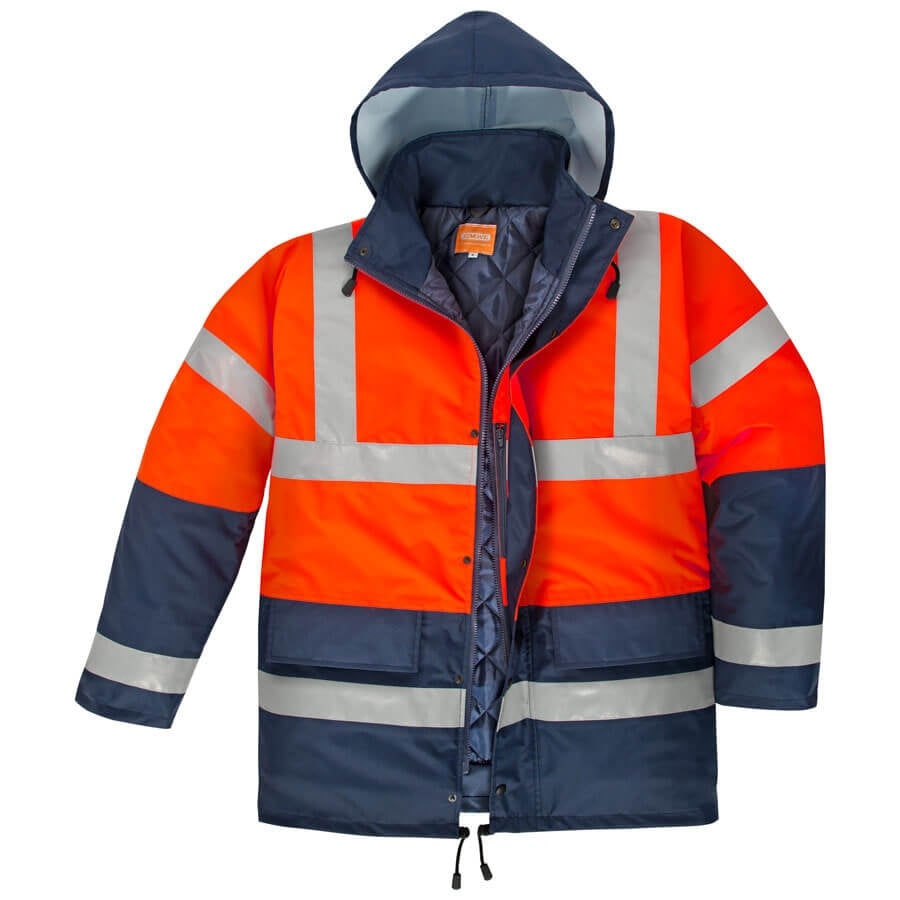 Warnschutz-Parka NORTHER mit Kapuze, orange/dunkel, reflektierenden Streifen, Reißverschluss