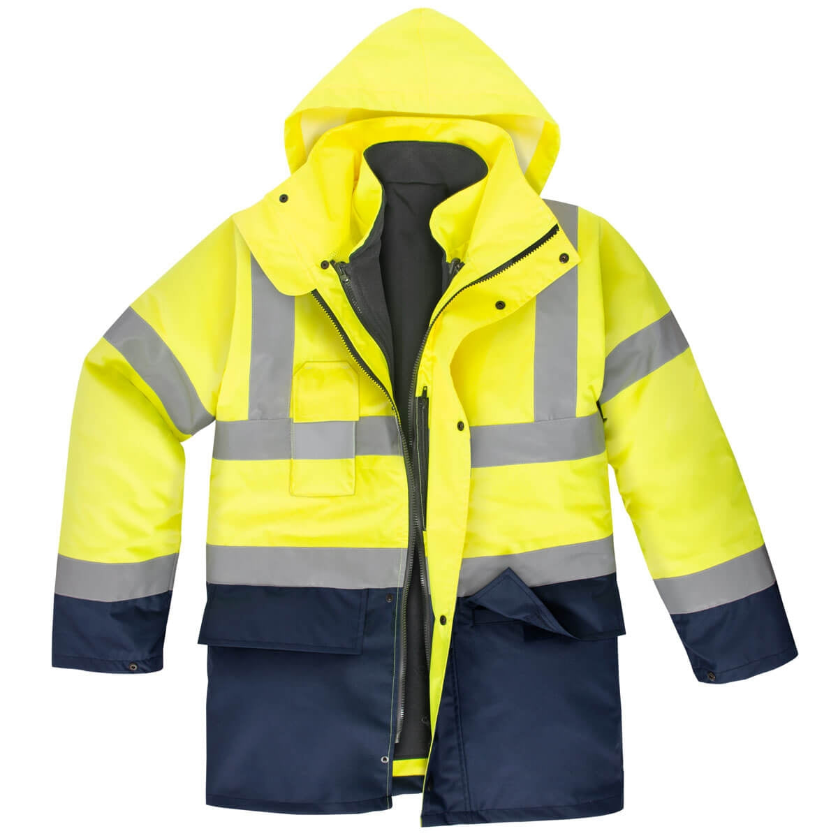 Warnschutz-Parka mit Kapuze, gelb-dunkelblau, reflektierenden Streifen und Reißverschluss
