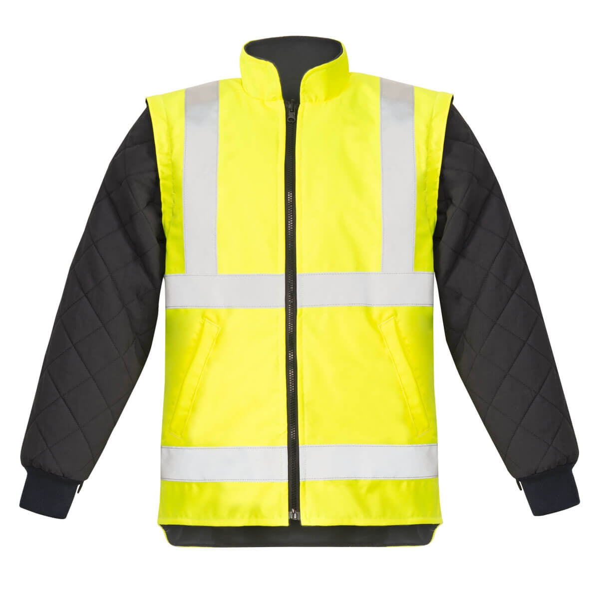 Warnschutz-Parka vorne, gelb mit reflektierenden Bändern, schwarzer Quiltärmel, Reißverschluss