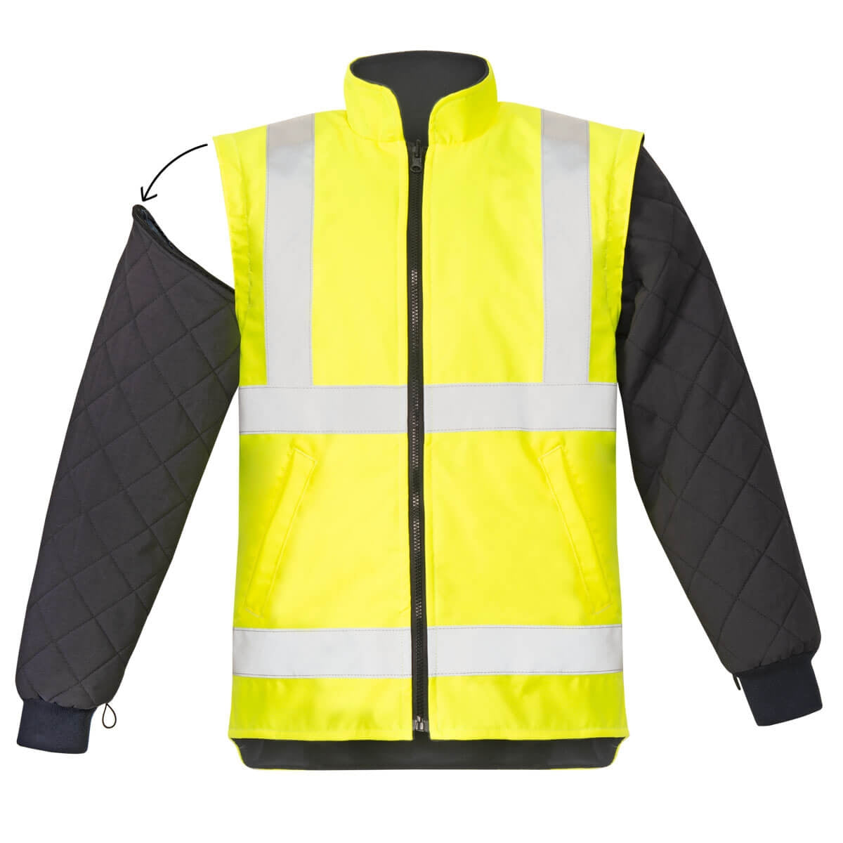 Warnschutz-Parka mit Kapuze, gelb und reflektierenden Streifen, schwarze Steppärmel