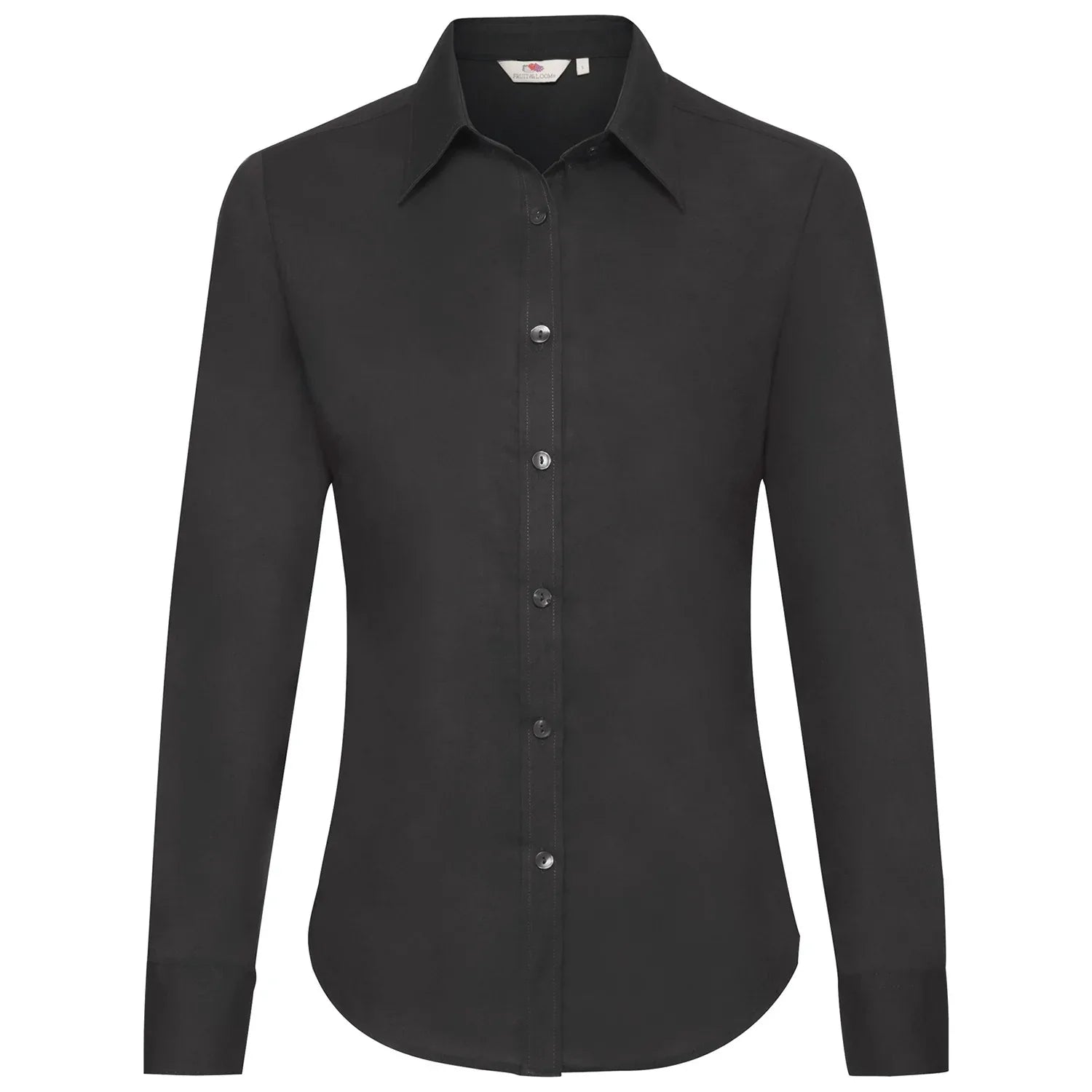 Damen-Oxfordbluse mit Umlegekragen, Knopfleiste und langen Ärmeln, schwarz