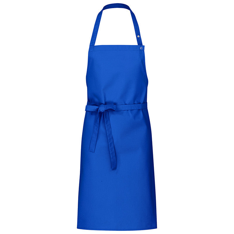 Blaue Latzschürze mit Druckknöpfen und Bindegürtel, vorne glatt
