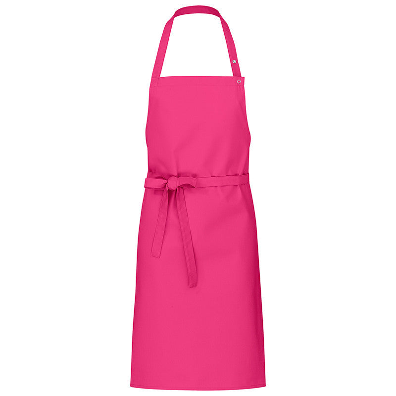 Pinkfarbene Latzschürze mit Druckknopf am Halsband und Bindeband in der Taille