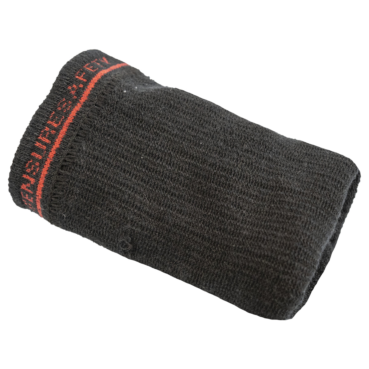 Zusammengelegte Nitras Socken, schwarzgrauer Stoff mit rotem Schriftstreifen am Bündchen
