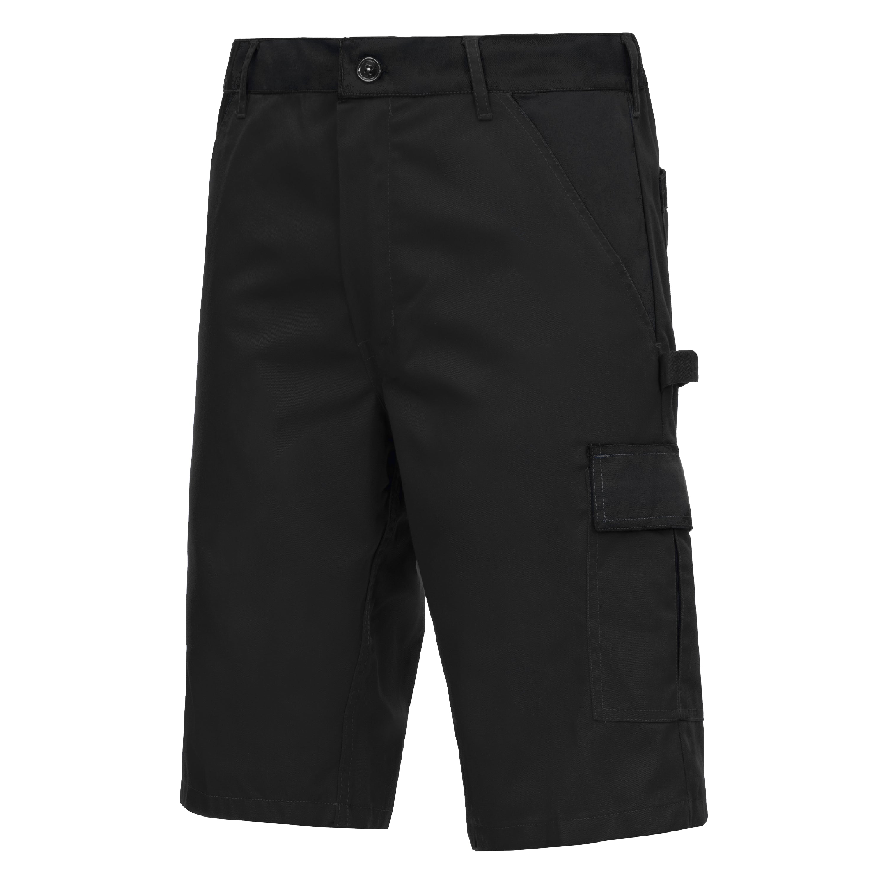 Schwarze kurze Arbeitshose mit Knopfverschluss und seitlichen Cargo-Taschen