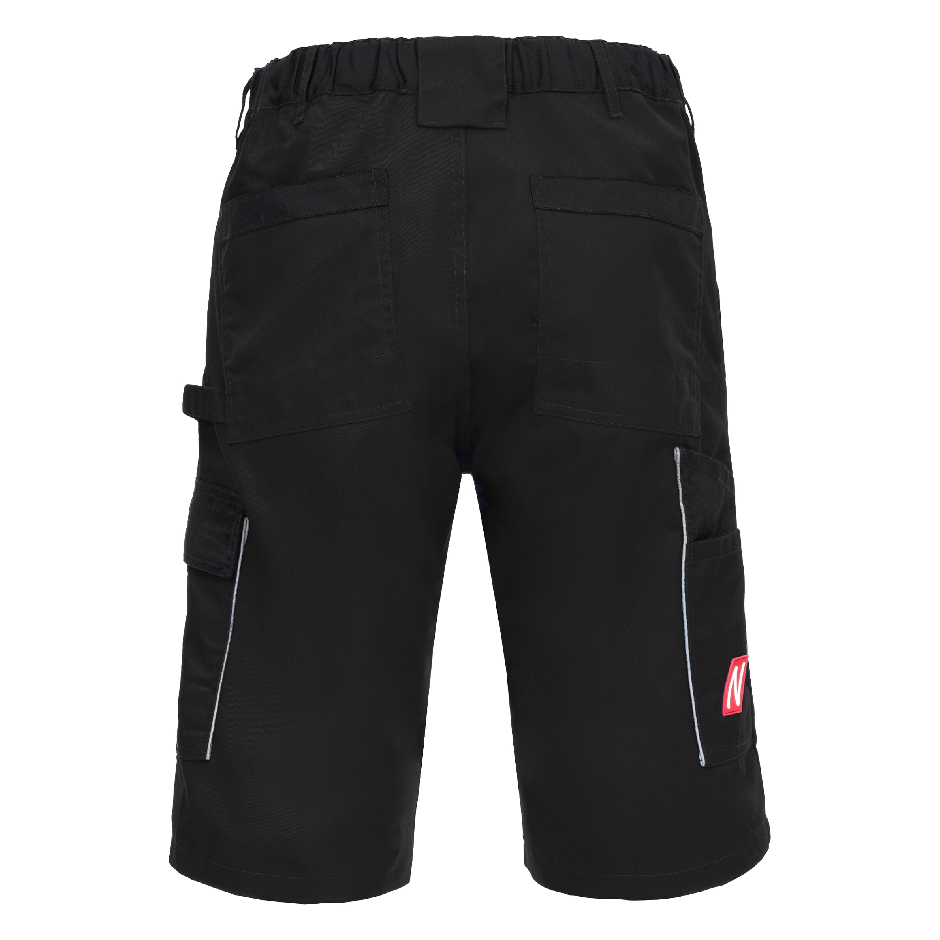 Schwarze kurze Arbeitshose hinten mit Gürtelschlaufen und Knie-Cargo-Taschen