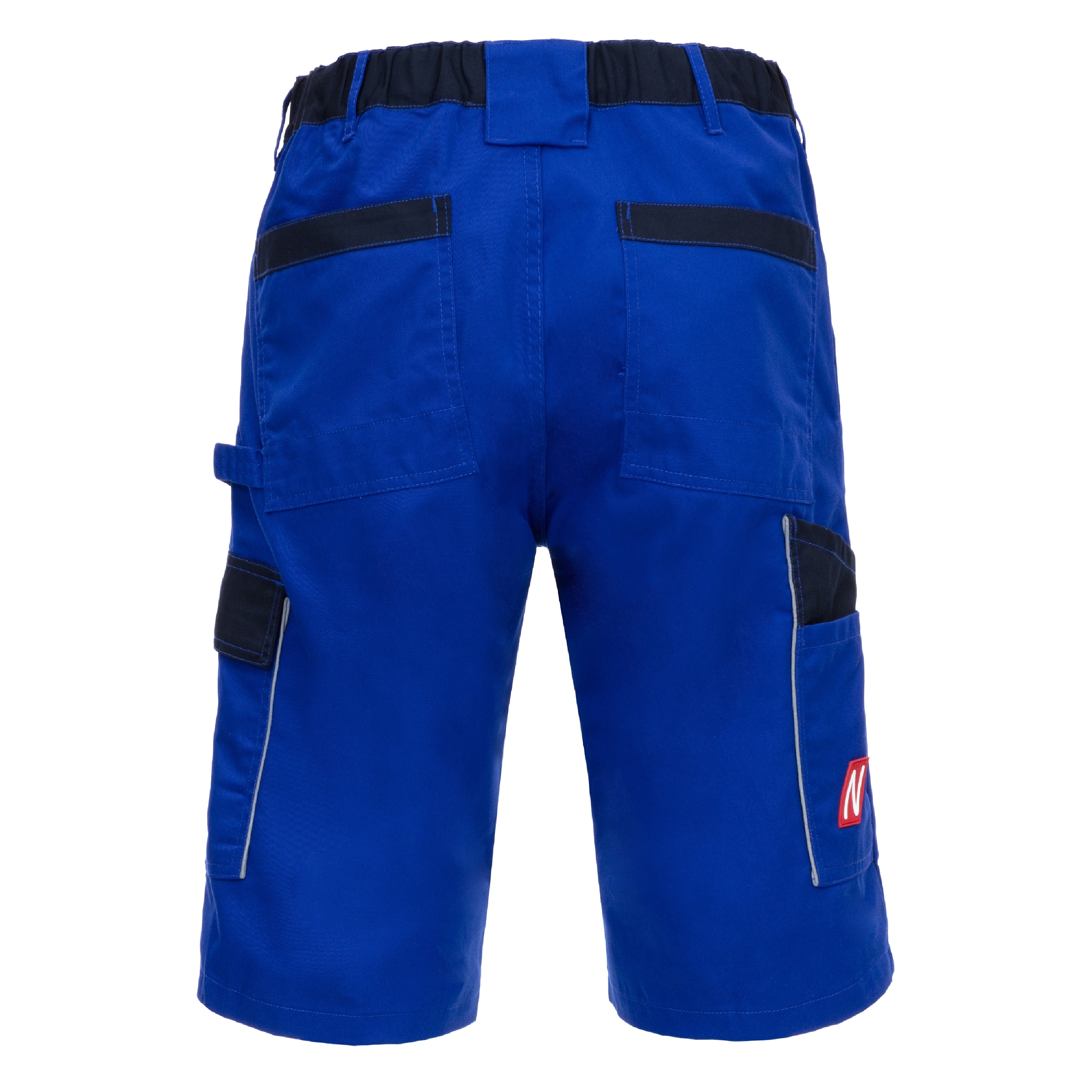 Blaue kurze Arbeitshose hinten mit elastischem Bund, Cargotaschen und schwarzem Einsatz
