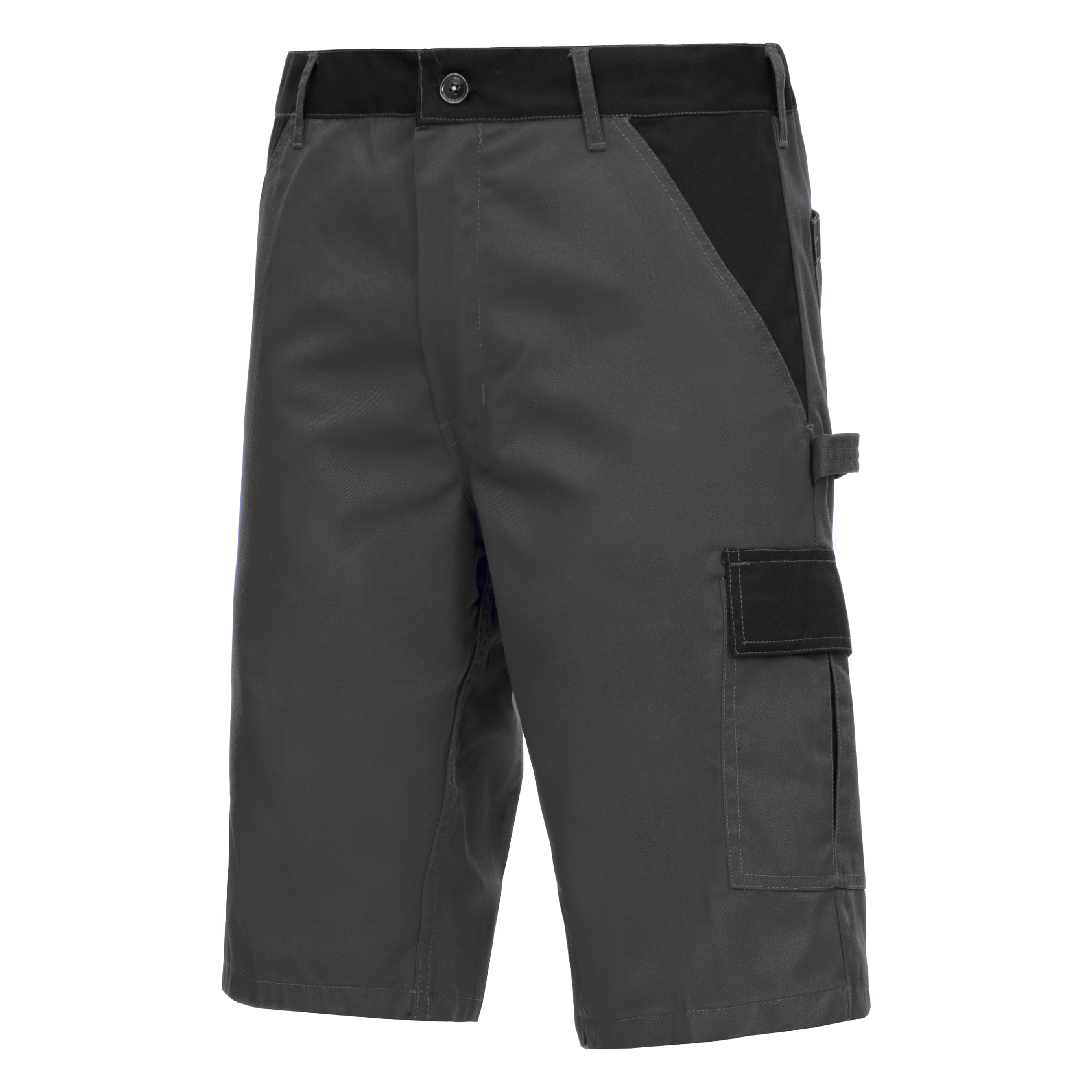 Kurze dunkle Arbeitshose mit Knopfverschluss, seitlichen Cargotaschen und Gürtelschlaufen