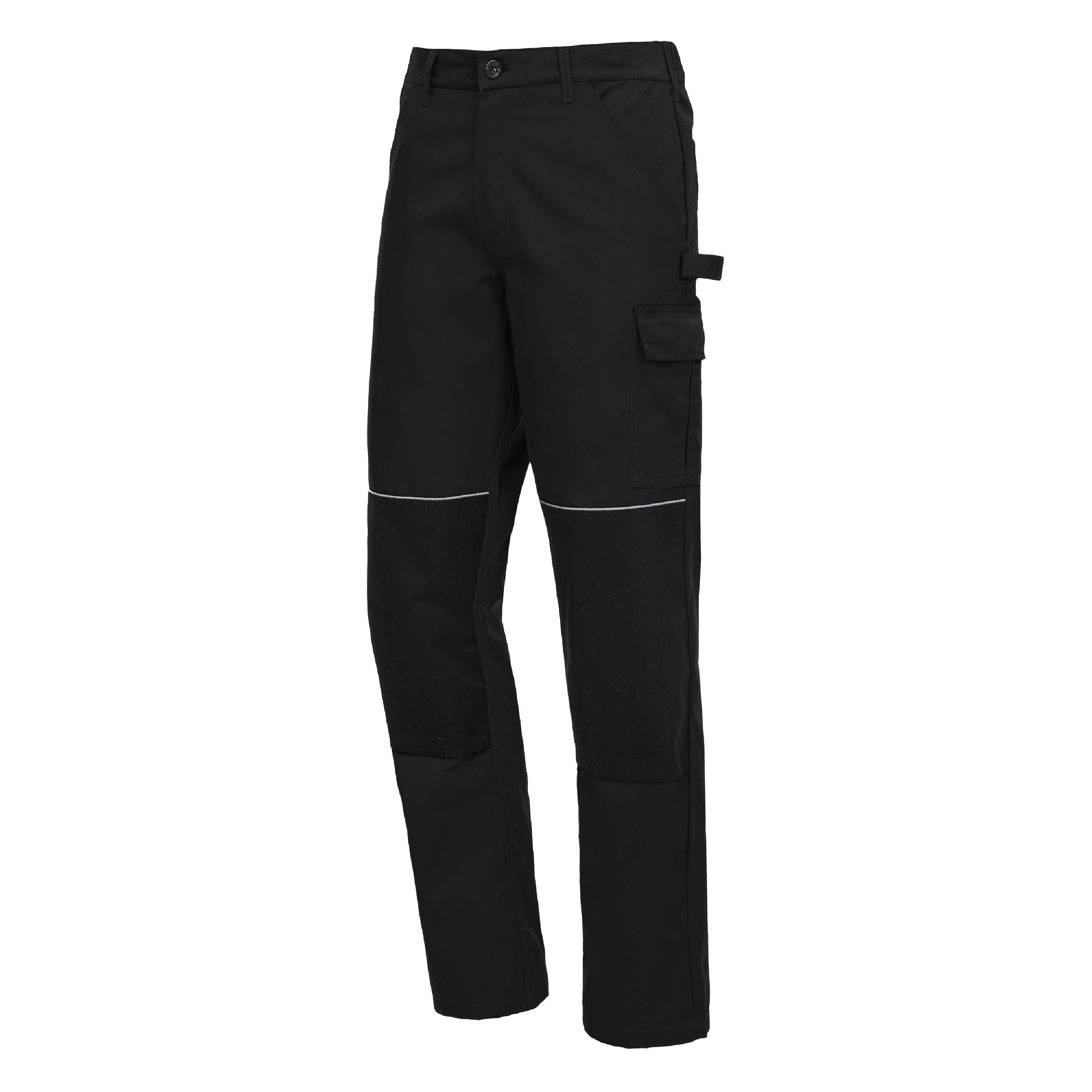 Lange schwarze Arbeitshose mit Cargo-Bundtaschen und reflektierenden Nähten