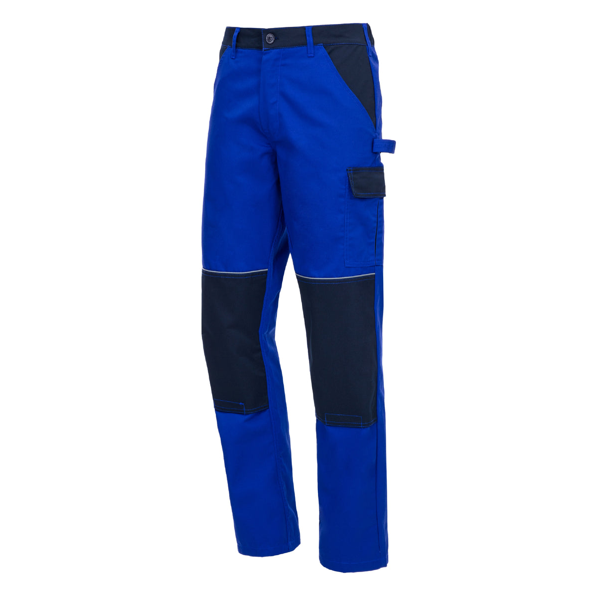 Blaue lange Arbeitshose mit dunklen Besätzen und Cargotaschen, mit Knopfverschluss