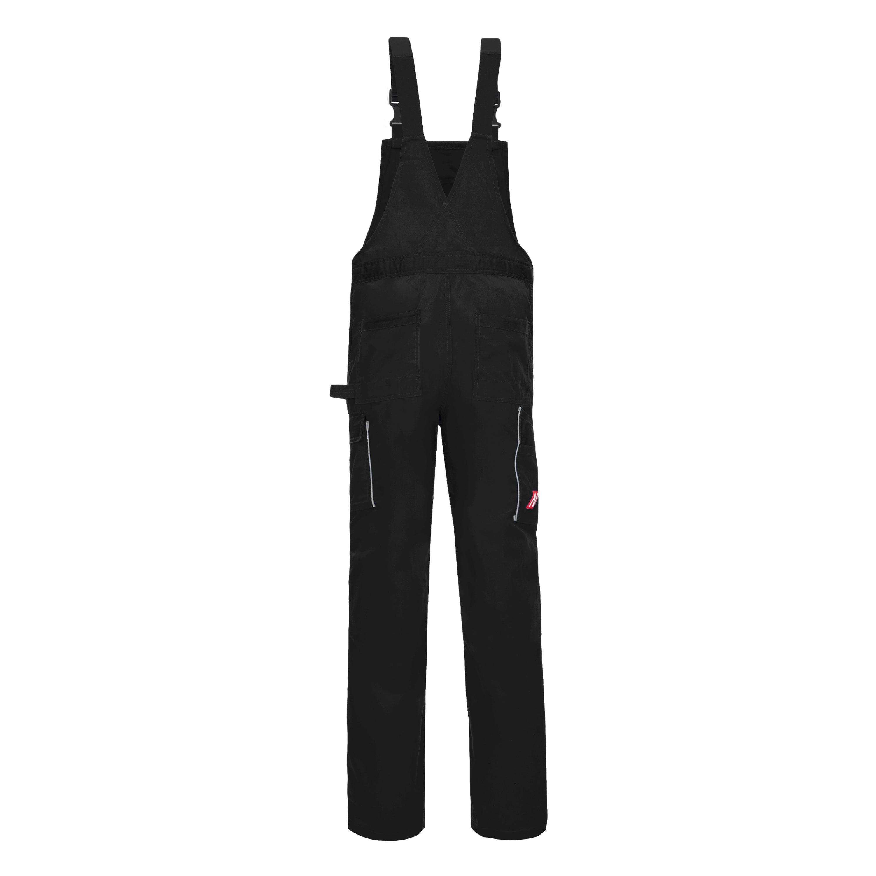Schwarze Latzhose mit Frontlatz, Beintaschen und verstellbaren Trägern