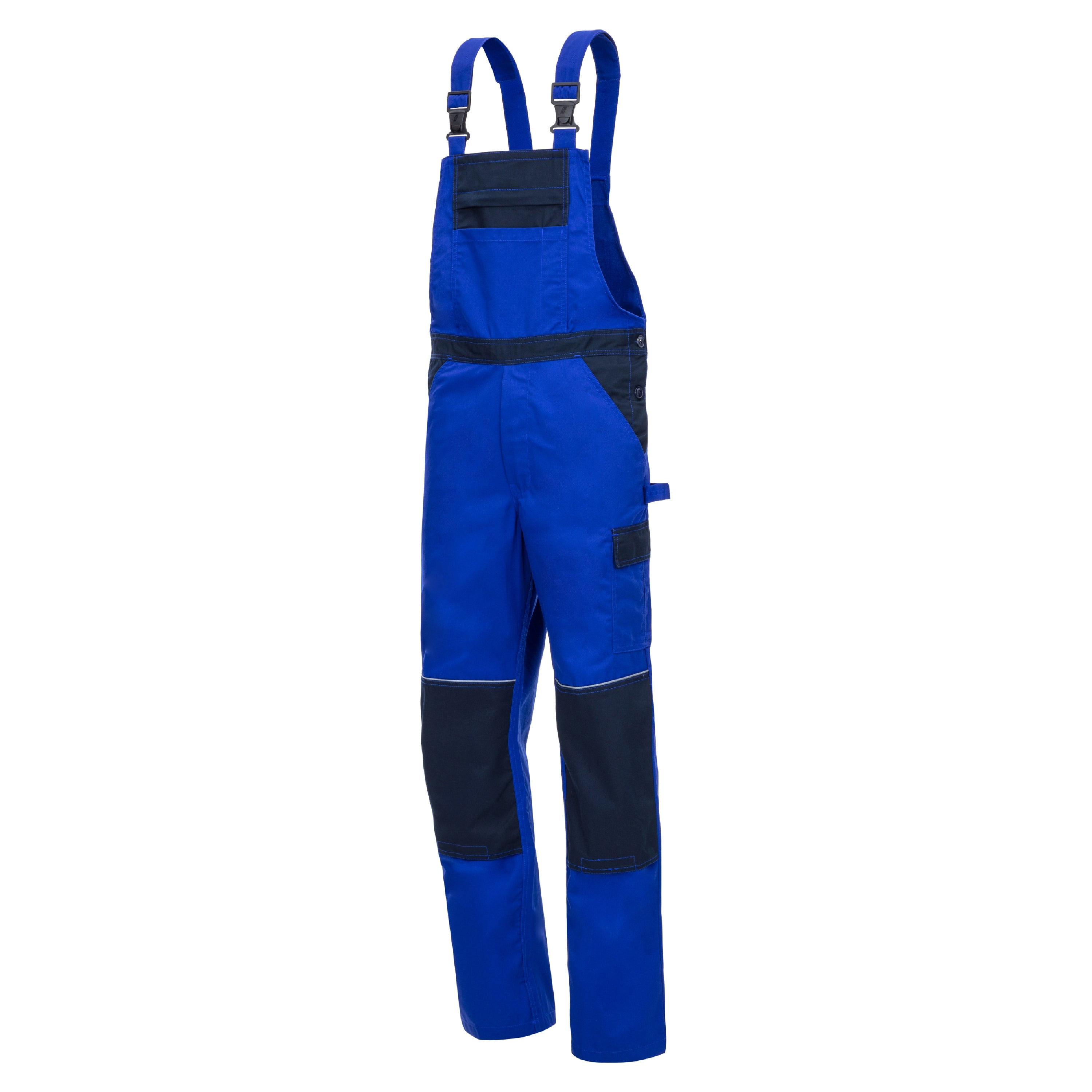 Blaue Latzhose mit breiten dunklen Reflexstreifen und zwei Fronttaschen