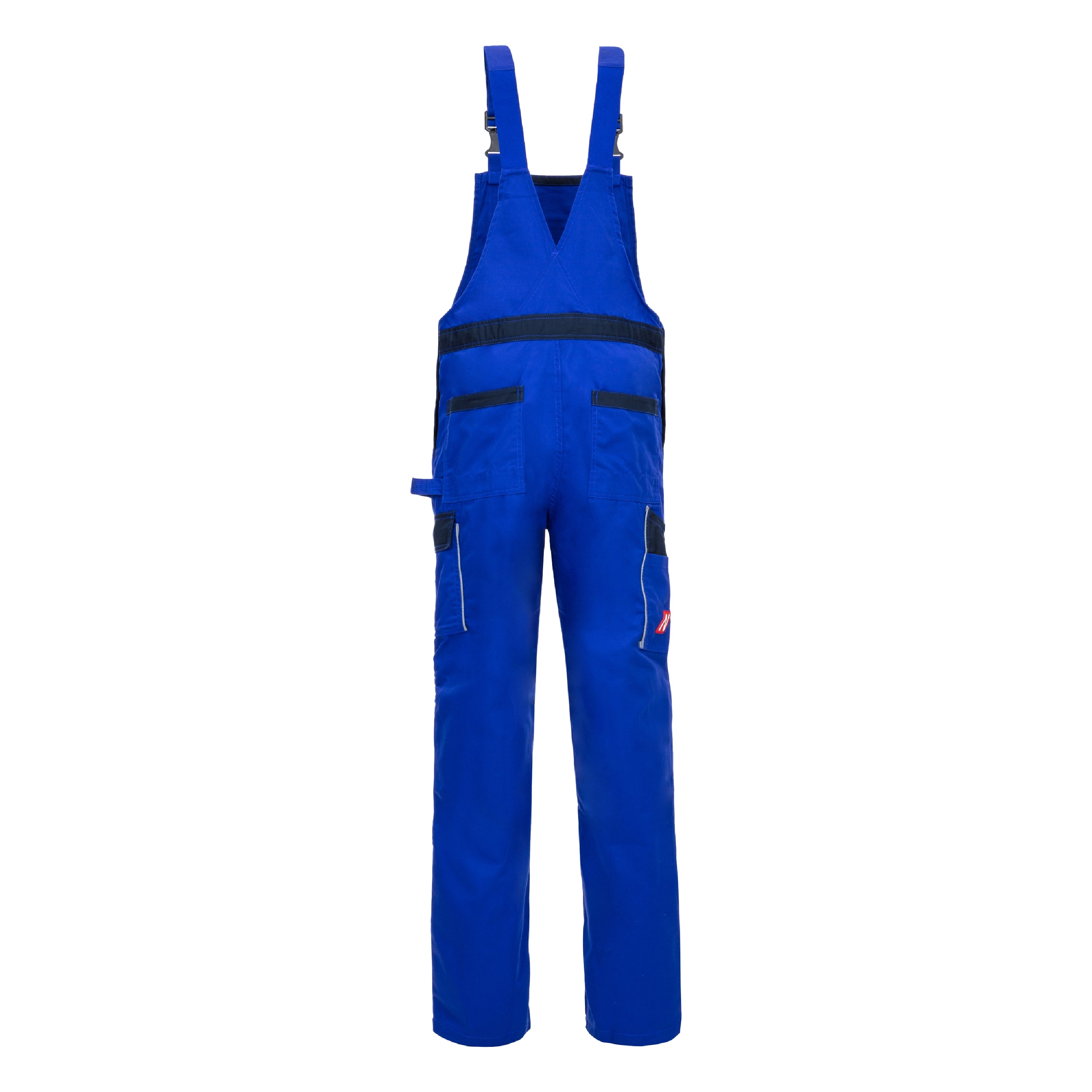 Blaue Latzhose mit Latz, seitlichen Taschen und dunklen Reflexstreifen an den Beinen
