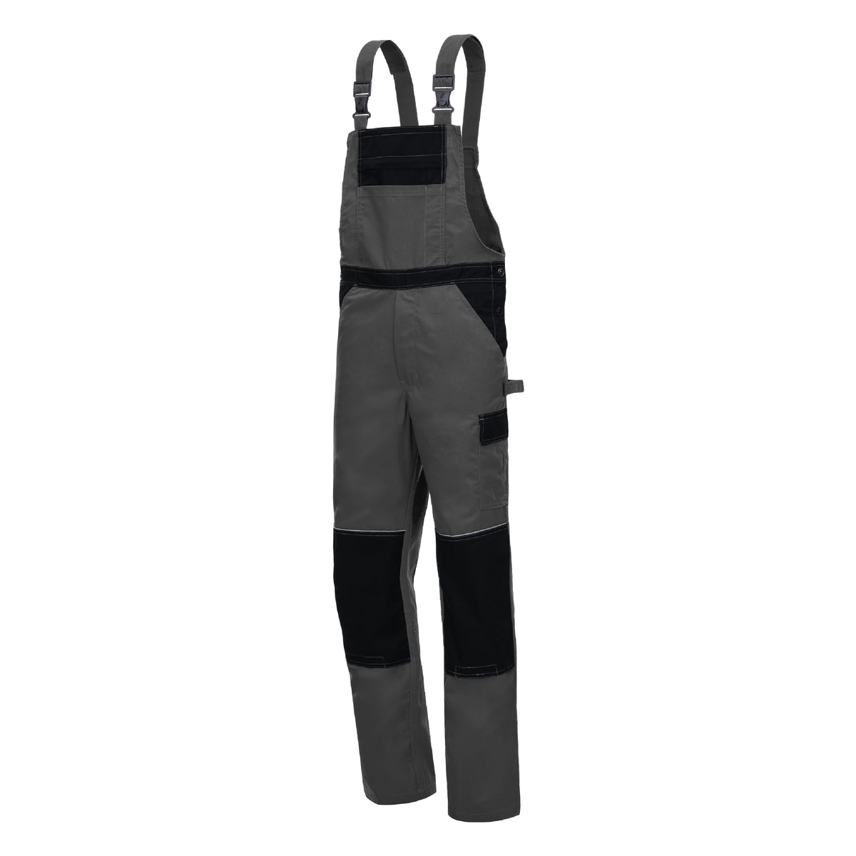Grau-schwarze Latzhose mit verstellbaren Trägern und Frontlatz