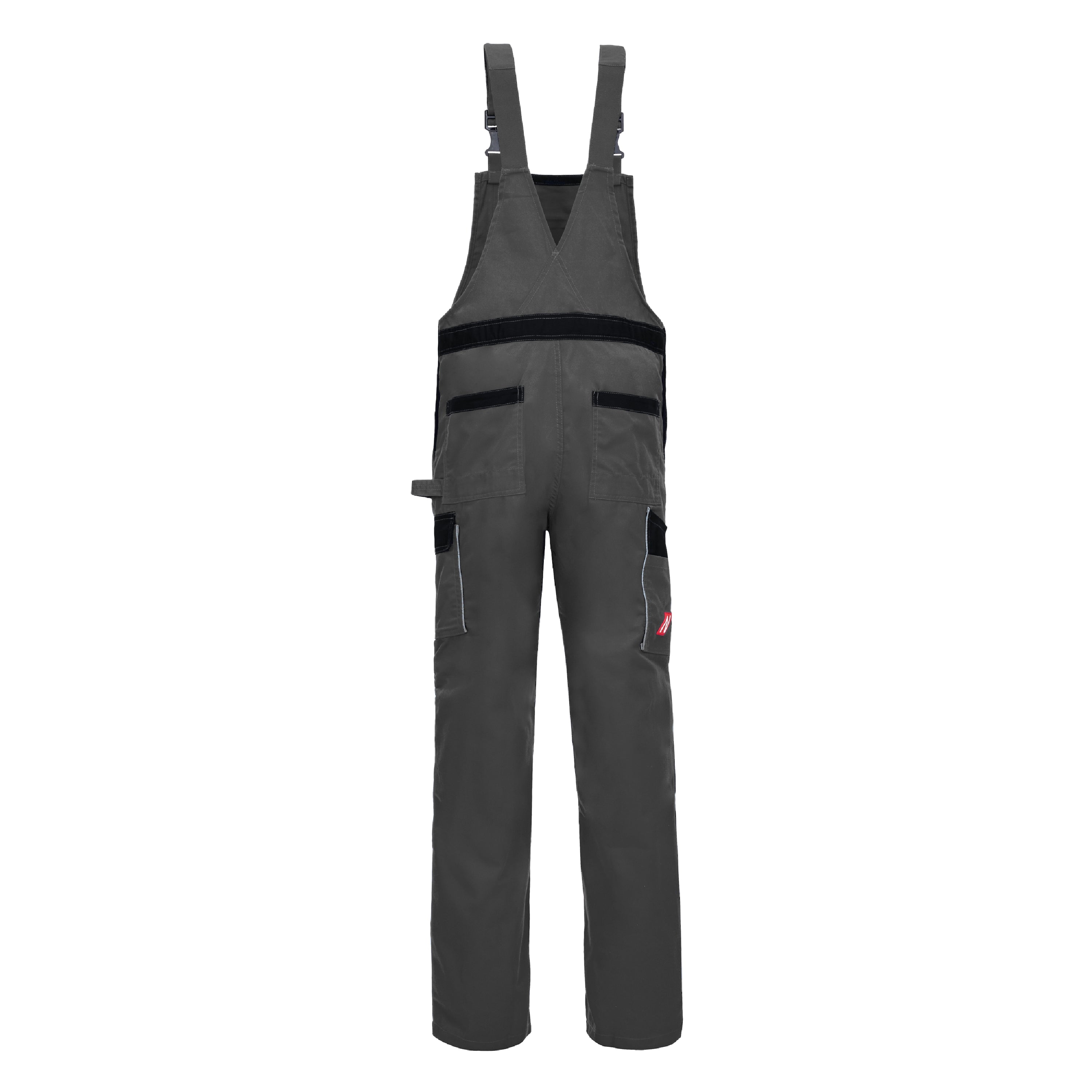Grau-schwarze Latzhose mit Seitentaschen und Brustlatz, gerade geschnitten