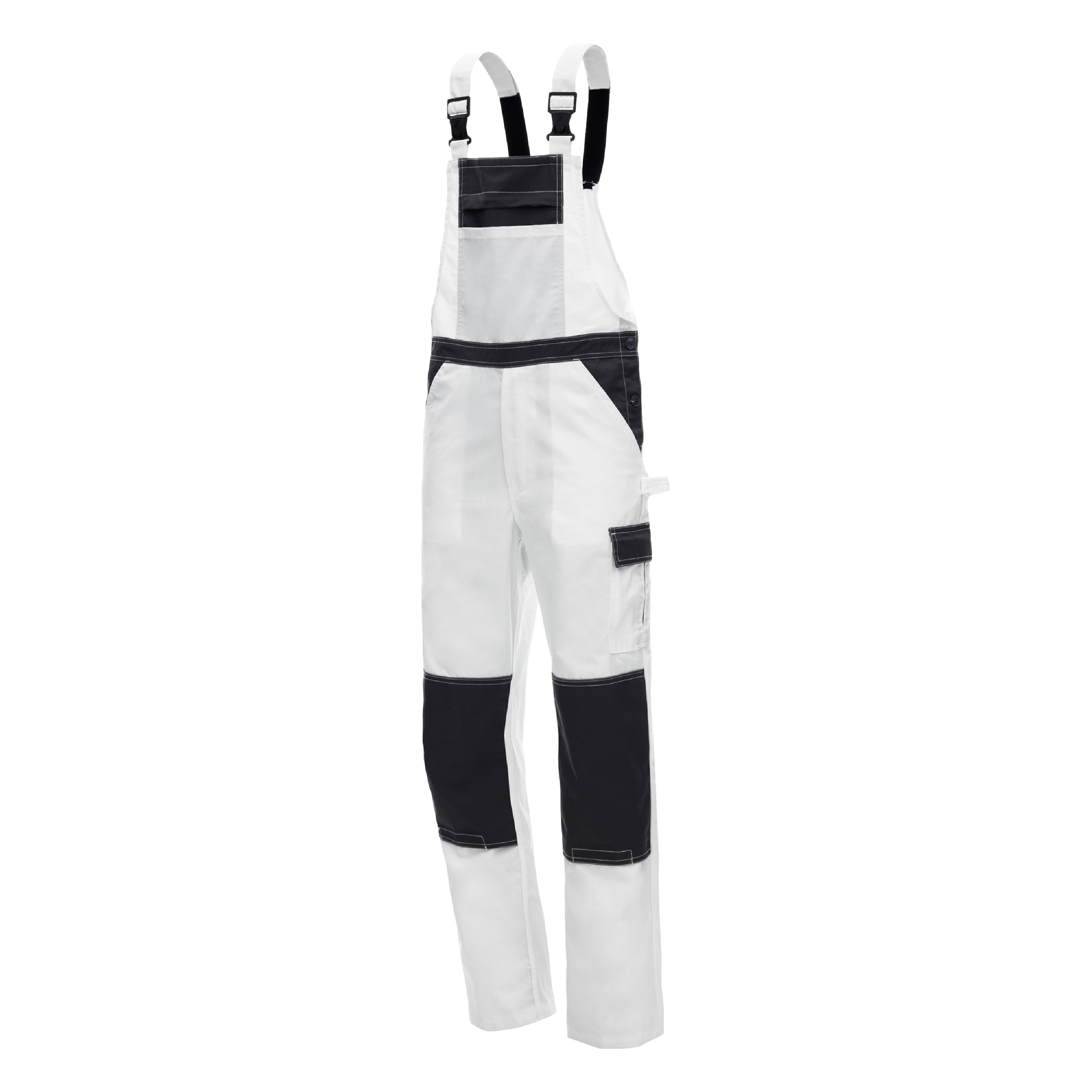Weiße Latzhose mit schwarzen Einsätzen, Trägern und Kniepolster-Taschen