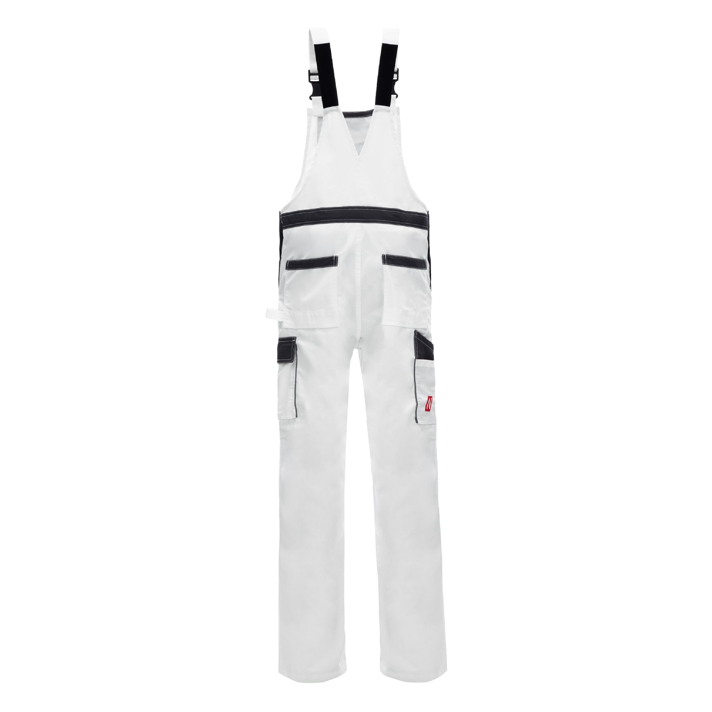 Weiße Latzhose mit breitem Brustlatz, schwarzen Taschen und seitlichen Beinschlingen